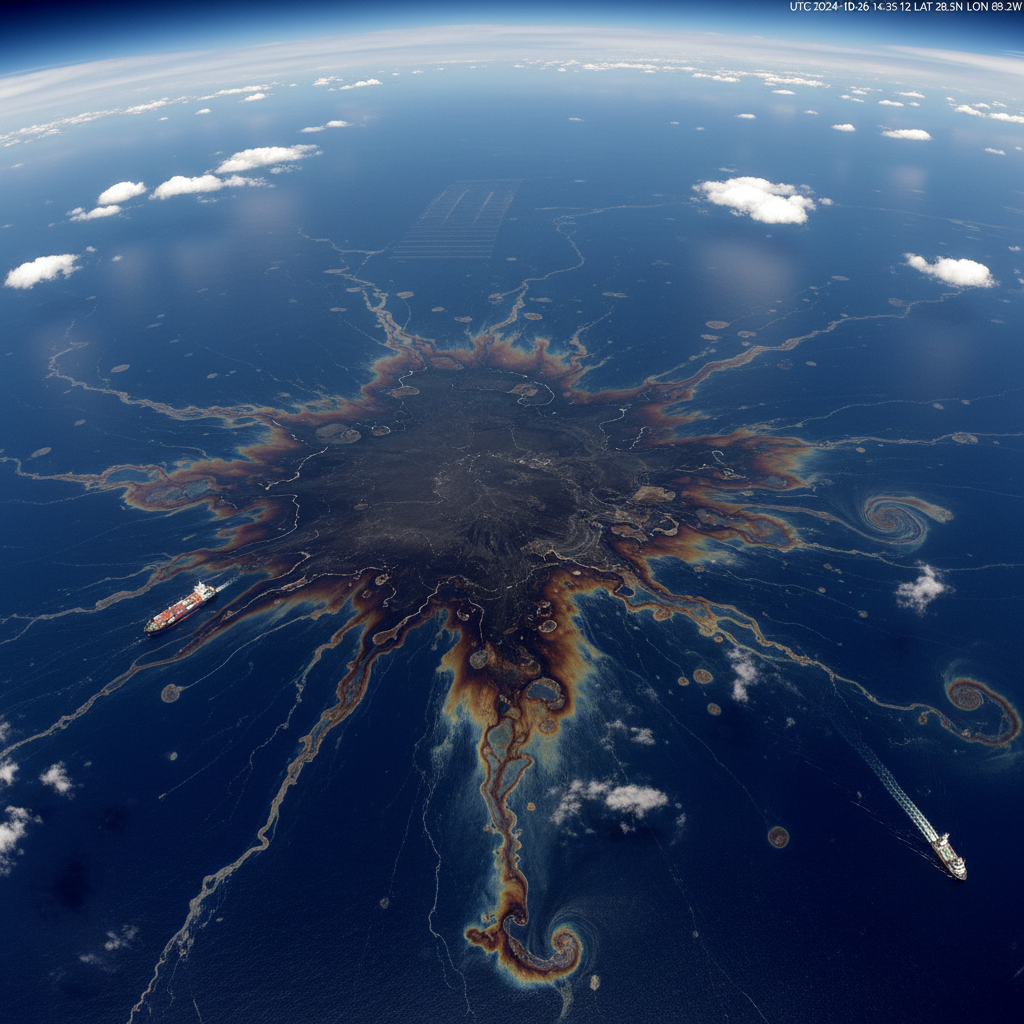 Aerial view of a dark oil spill spreading across open water