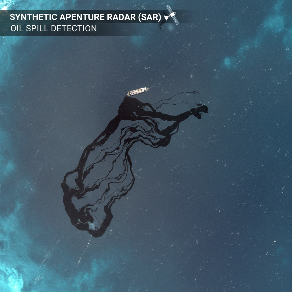Satellite radar (SAR) image of a dark oil slick on the sea surface