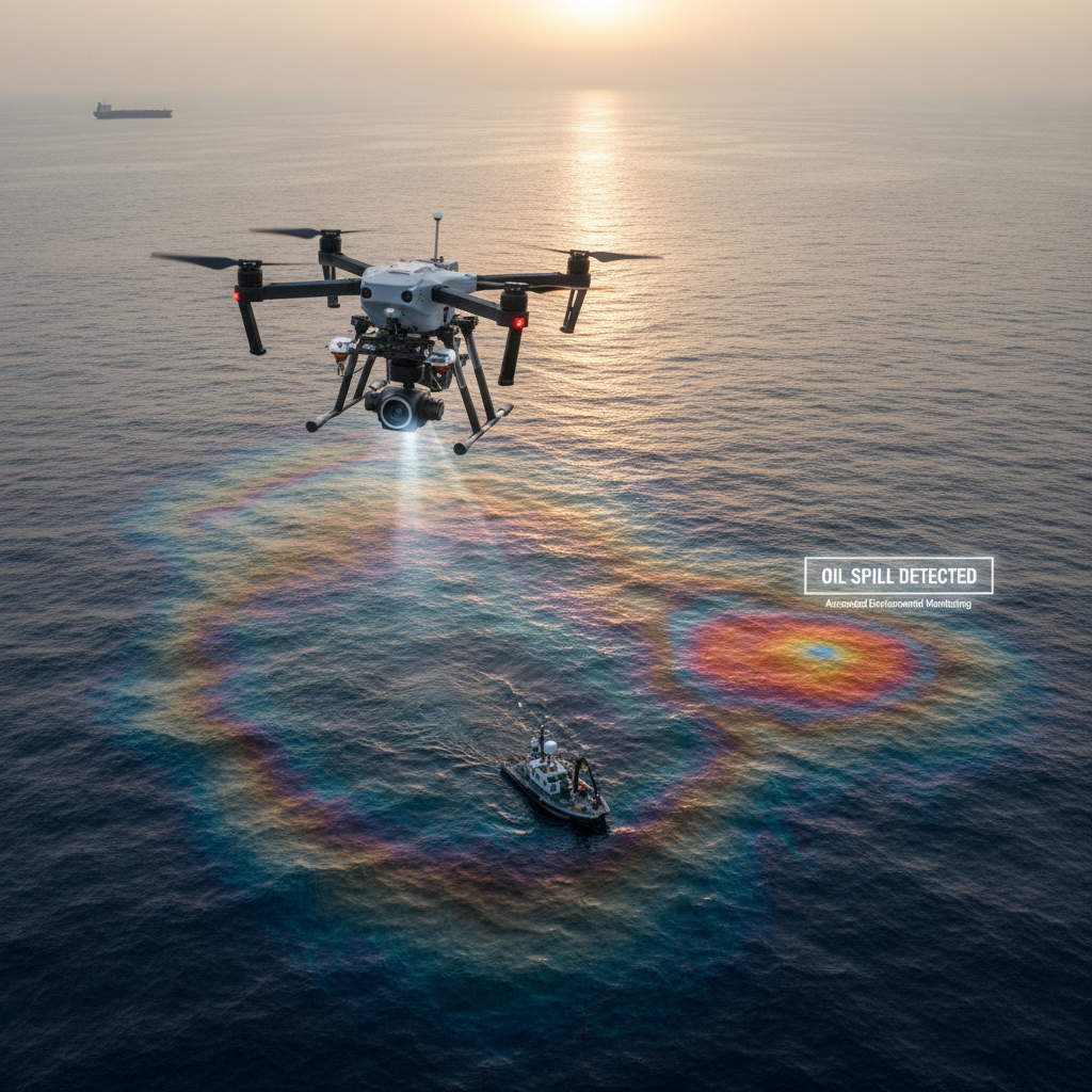 Drone flying over the sea above an oil sheen on the water surface