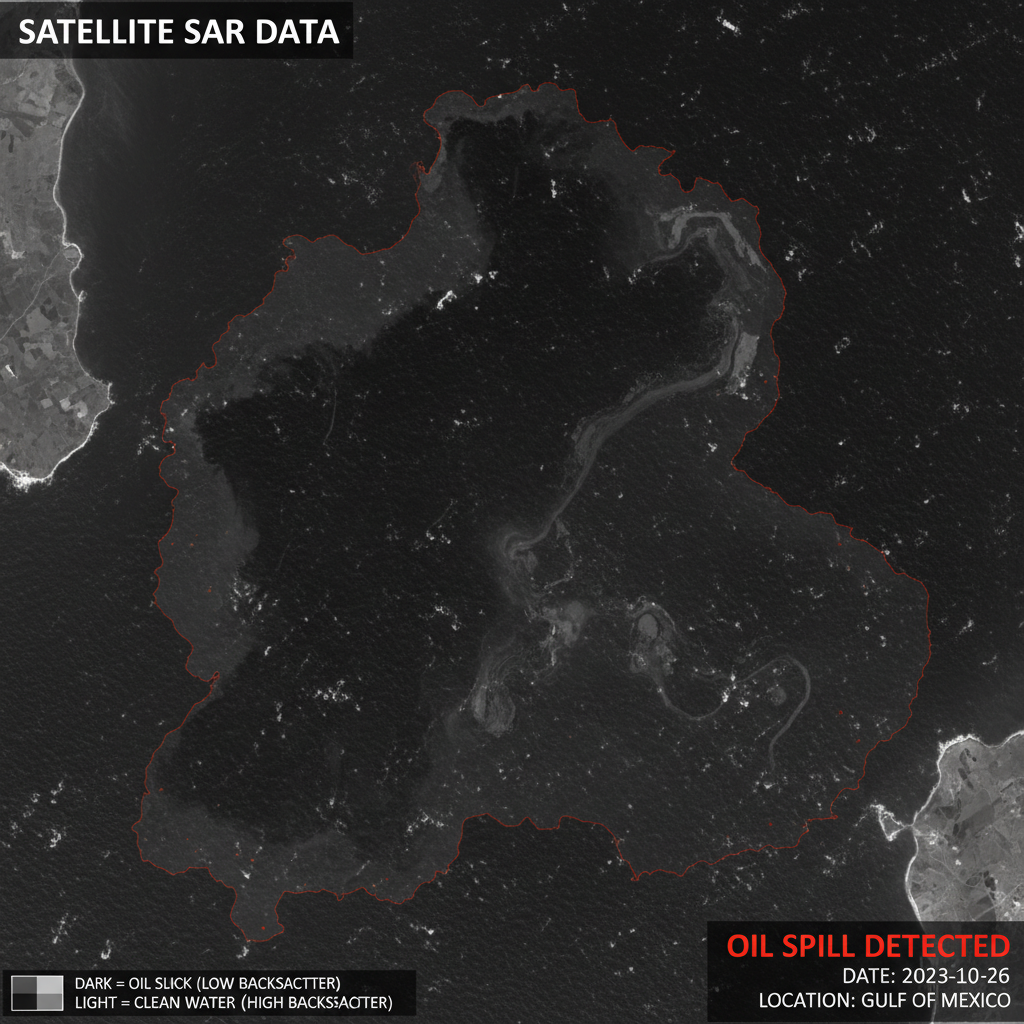 Black-and-white satellite SAR image showing an oil spill on water