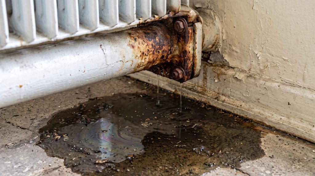Transformer oil seeping from a radiator joint into the containment below