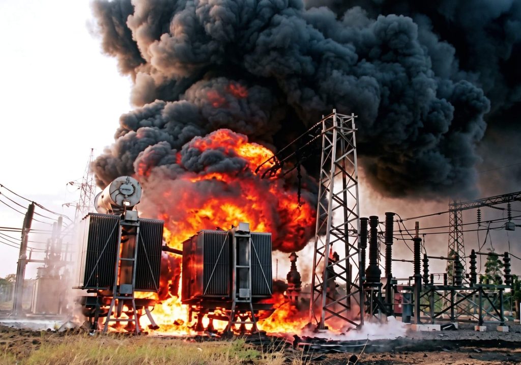 Illustration of a substation transformer fire, the outcome early leak detection is intended to prevent